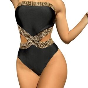 Strapless Black One-Piece Swimsuit with Gold Chain Accents